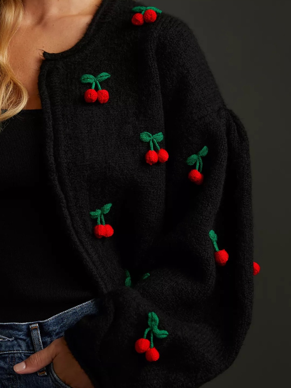 FARM Rio Anthropologie Crochet Cherry Embroidered Sweater Black Cardigan XS - Picture 2 of 15